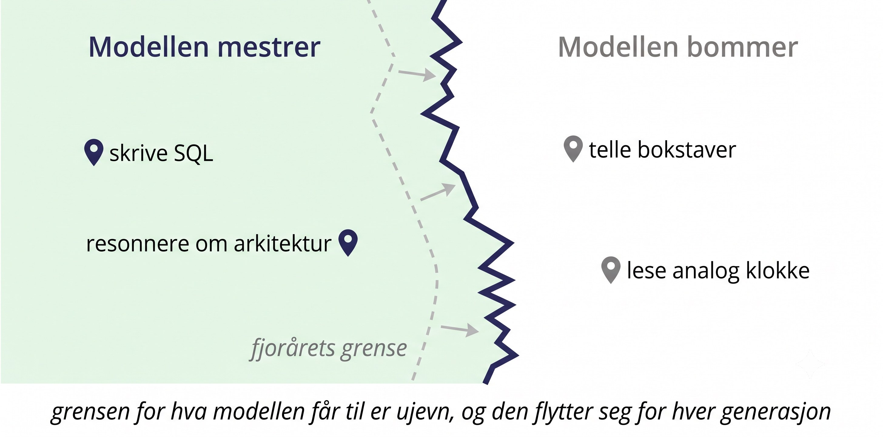 Et kart der en tagget kystlinje skiller «Modellen mestrer» fra «Modellen bommer». Innenfor: skrive SQL og resonnere om arkitektur. Utenfor: telle bokstaver og lese analog klokke. En stiplet linje lenger inn viser fjorårets grense, med piler som viser at grensen flytter seg. Grensen for hva modellen får til er ujevn, og den flytter seg for hver generasjon.